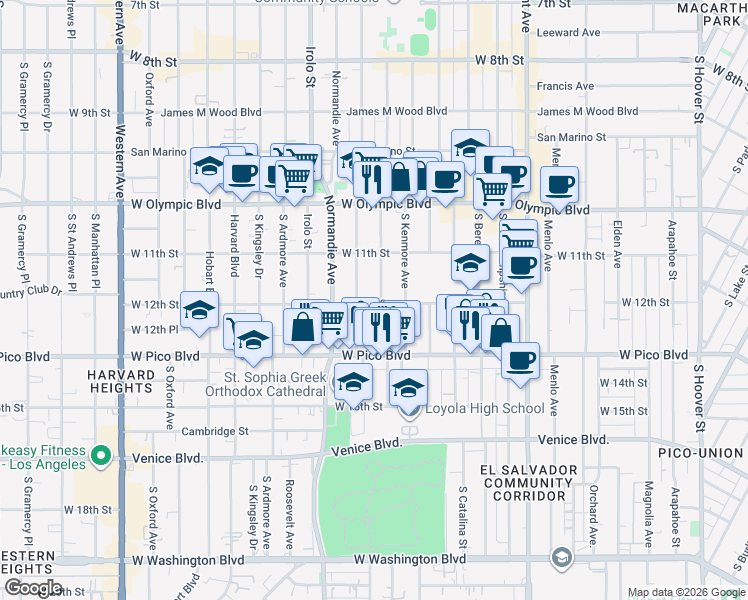 map of restaurants, bars, coffee shops, grocery stores, and more near 1220 Fedora Street in Los Angeles