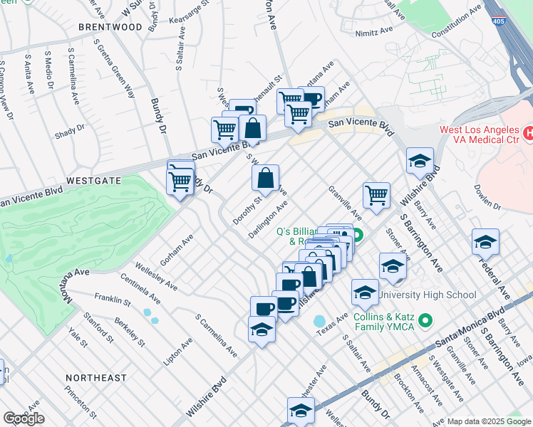 map of restaurants, bars, coffee shops, grocery stores, and more near 11949 Darlington Avenue in Los Angeles