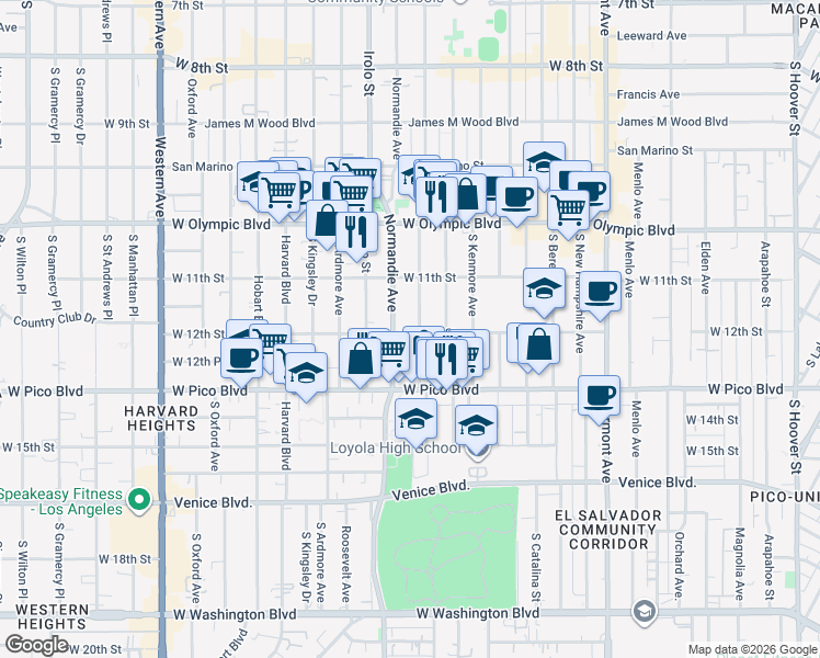 map of restaurants, bars, coffee shops, grocery stores, and more near 1543 2/5 West 12th Street in Los Angeles