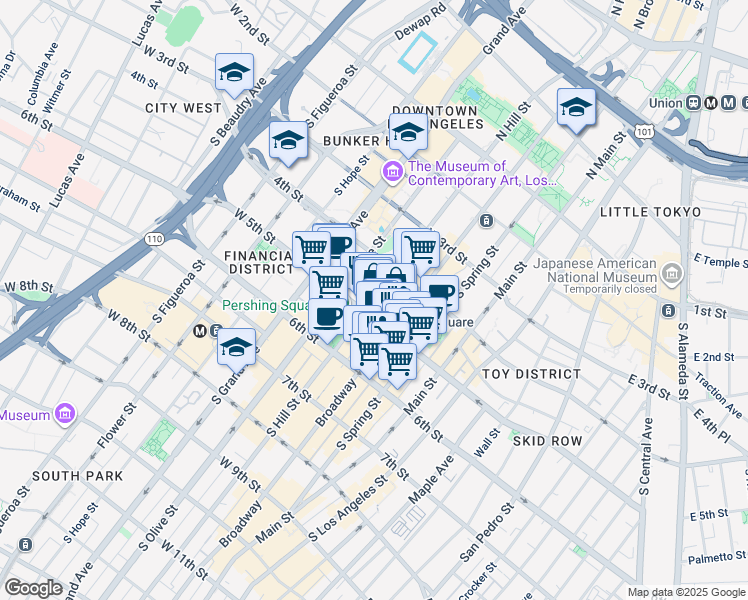 map of restaurants, bars, coffee shops, grocery stores, and more near South Hill Street in Los Angeles