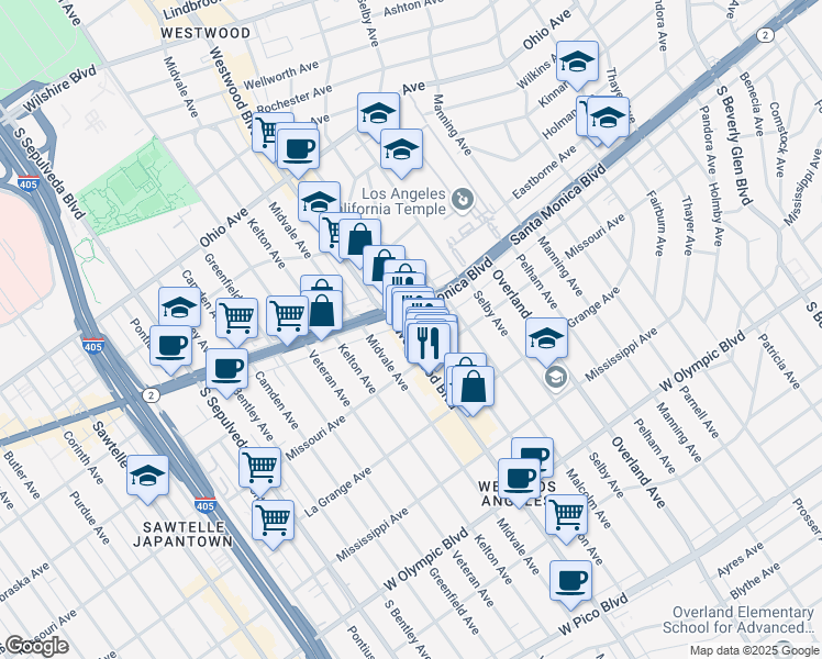 map of restaurants, bars, coffee shops, grocery stores, and more near 1830 Westwood Boulevard in Los Angeles