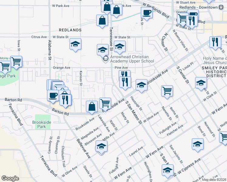 map of restaurants, bars, coffee shops, grocery stores, and more near in Redlands
