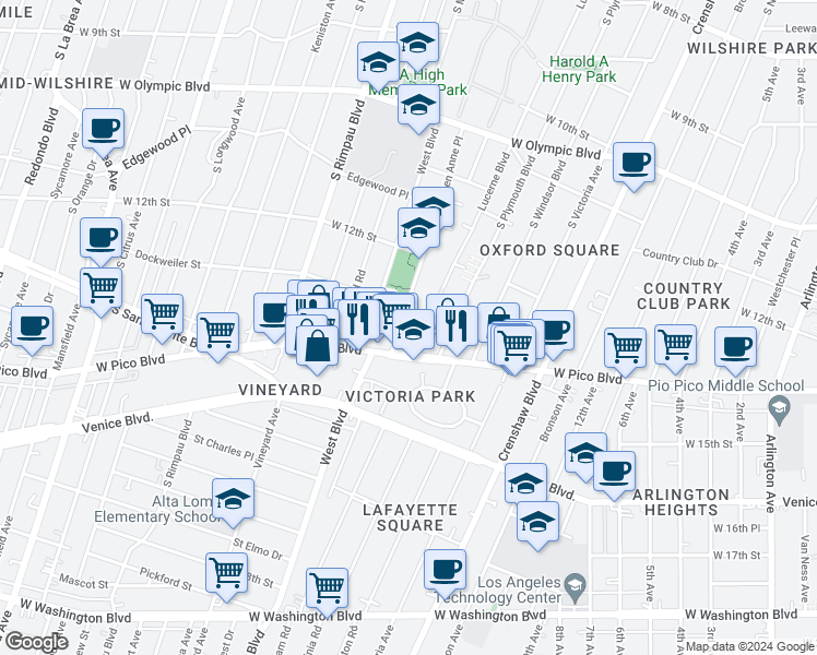 map of restaurants, bars, coffee shops, grocery stores, and more near 1272 Queen Anne Place in Los Angeles