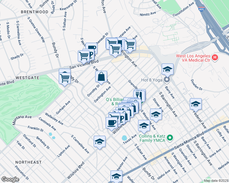 map of restaurants, bars, coffee shops, grocery stores, and more near 11911 Mayfield Avenue in Los Angeles