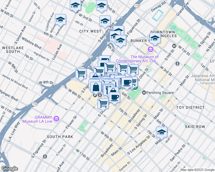 map of restaurants, bars, coffee shops, grocery stores, and more near 707 Wilshire Boulevard in Los Angeles