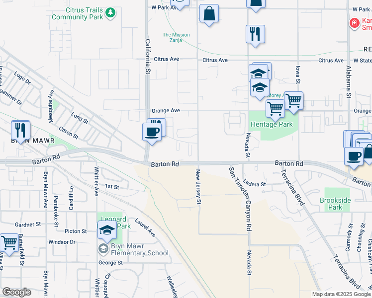 map of restaurants, bars, coffee shops, grocery stores, and more near 26630 Barton Road in Redlands