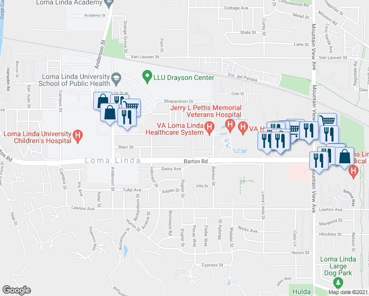 map of restaurants, bars, coffee shops, grocery stores, and more near 25204 Starr Street in Loma Linda