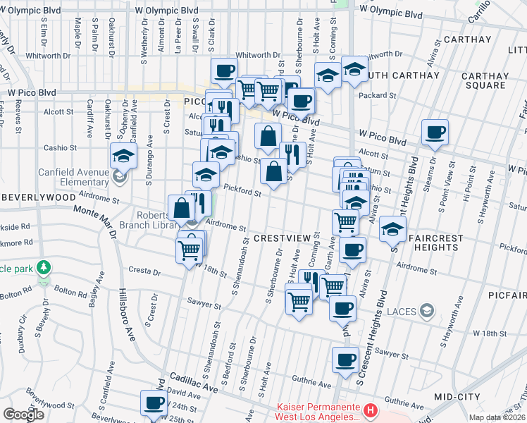 map of restaurants, bars, coffee shops, grocery stores, and more near 1621 South Bedford Street in Los Angeles