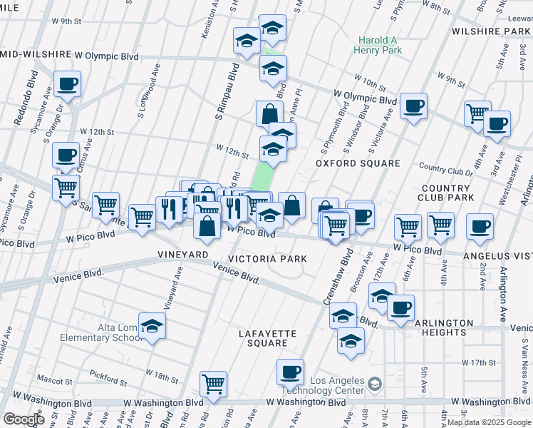 map of restaurants, bars, coffee shops, grocery stores, and more near 1272 Queen Anne Place in Los Angeles