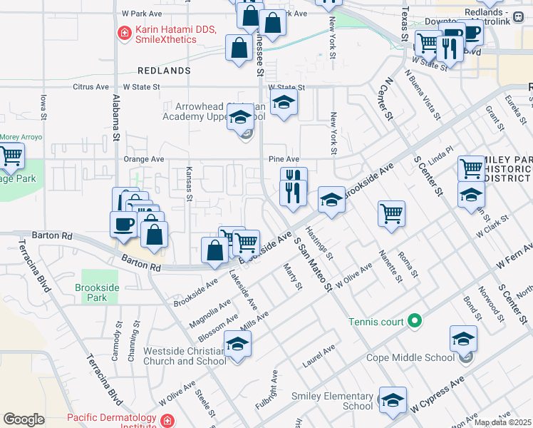 map of restaurants, bars, coffee shops, grocery stores, and more near 14 Tennessee Street in Redlands