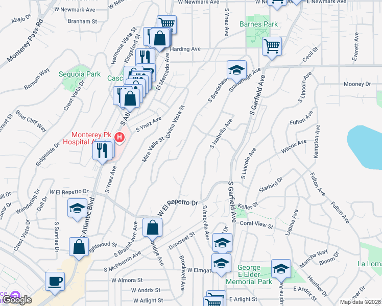 map of restaurants, bars, coffee shops, grocery stores, and more near 1002 South Bradshawe Avenue in Monterey Park