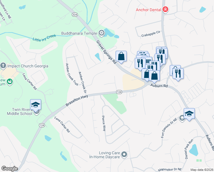 map of restaurants, bars, coffee shops, grocery stores, and more near 2475 Luke Court in Buford