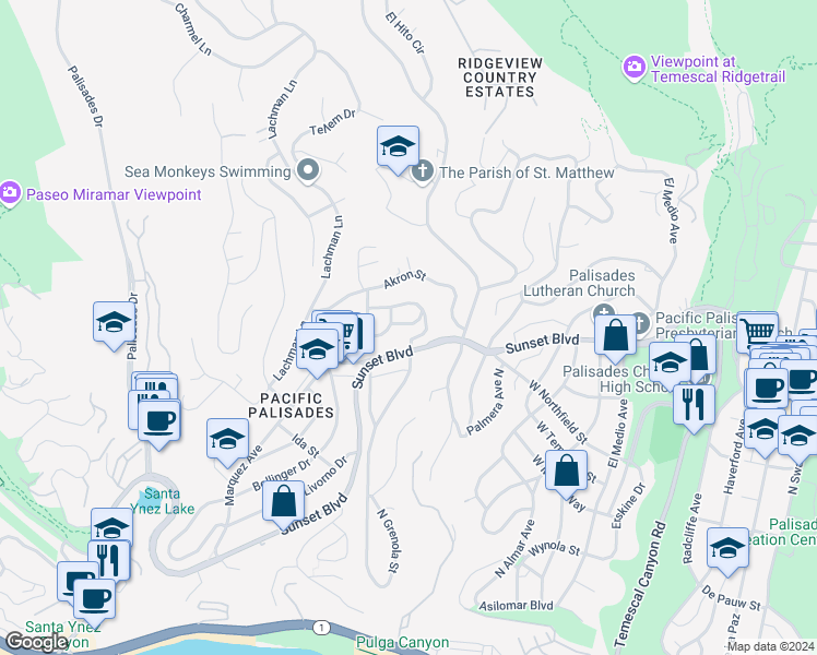 map of restaurants, bars, coffee shops, grocery stores, and more near 16524 Chattanooga Place in Los Angeles