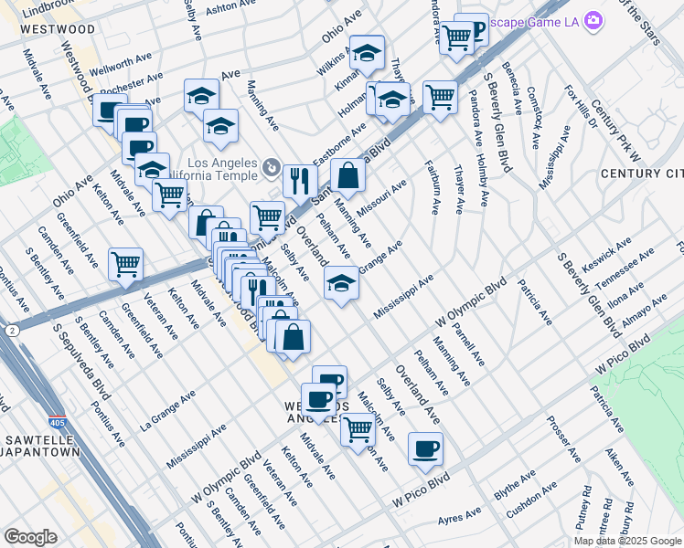 map of restaurants, bars, coffee shops, grocery stores, and more near 1920 Overland Avenue in Los Angeles