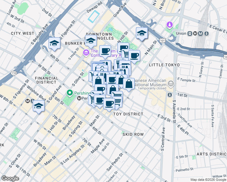 map of restaurants, bars, coffee shops, grocery stores, and more near 300 South Spring Street in Los Angeles