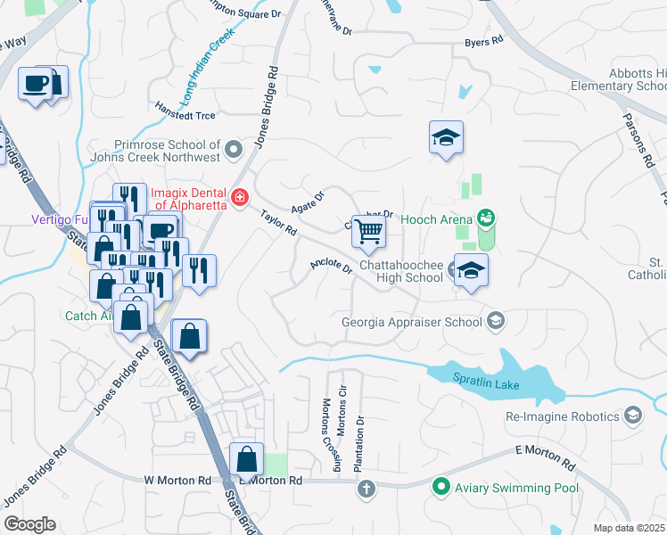 map of restaurants, bars, coffee shops, grocery stores, and more near 200 Boca Ciega Court in Alpharetta