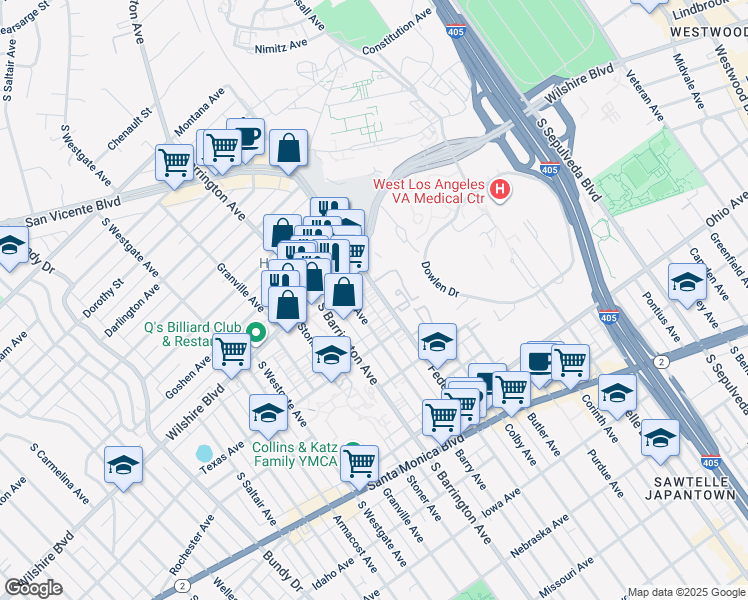 map of restaurants, bars, coffee shops, grocery stores, and more near 1250 Federal Avenue in Los Angeles