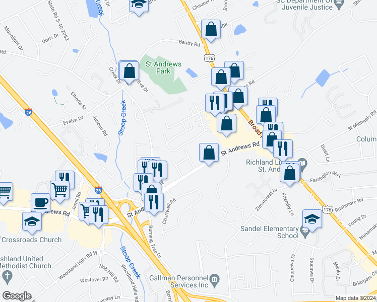 map of restaurants, bars, coffee shops, grocery stores, and more near 3132 Lawrence Street in Columbia