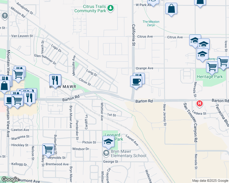 map of restaurants, bars, coffee shops, grocery stores, and more near 26388 Keller Drive in Loma Linda