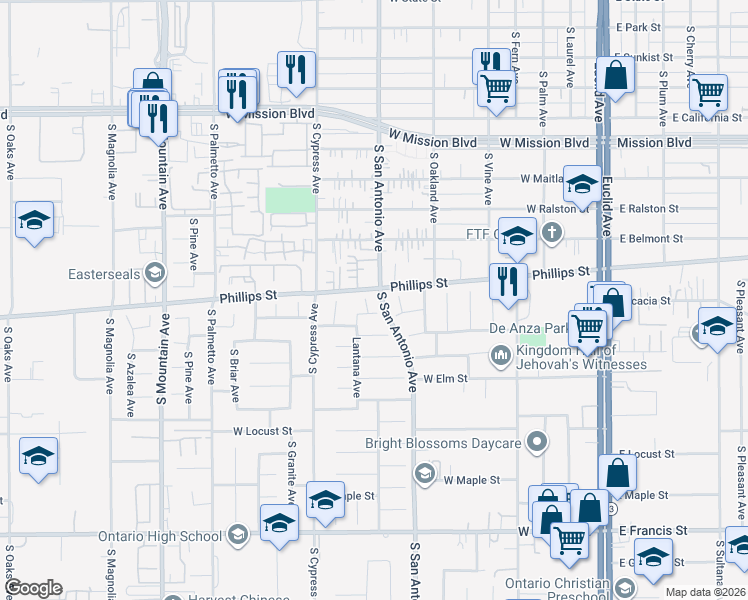 map of restaurants, bars, coffee shops, grocery stores, and more near 716 West Phillips Street in Ontario