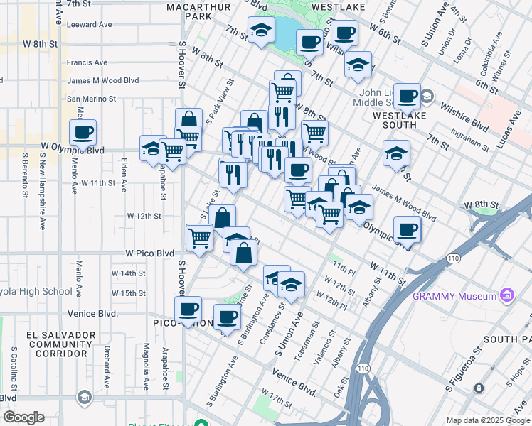 map of restaurants, bars, coffee shops, grocery stores, and more near 1048 South Westlake Avenue in Los Angeles