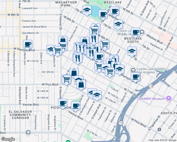 map of restaurants, bars, coffee shops, grocery stores, and more near 1850 West 11th Street in Los Angeles