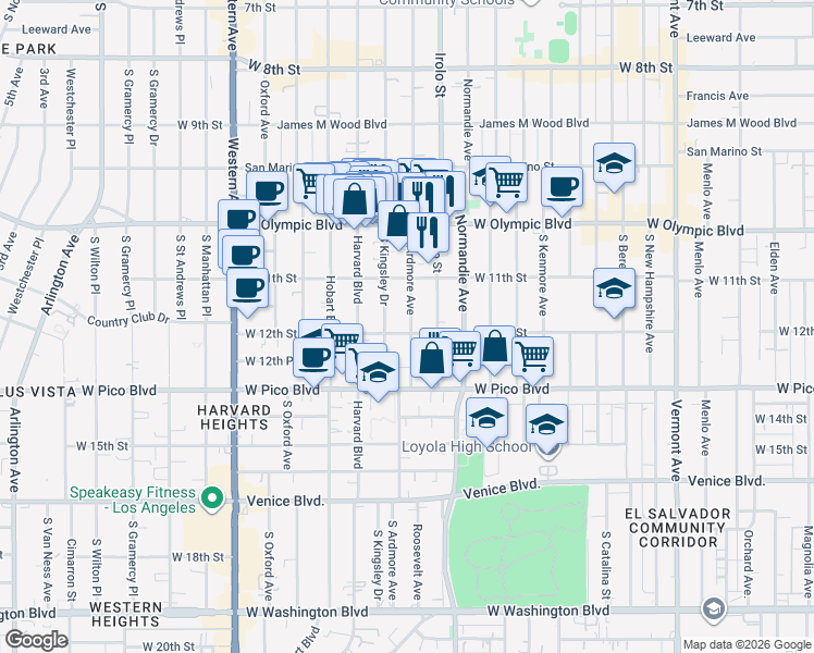 map of restaurants, bars, coffee shops, grocery stores, and more near 1128 South Ardmore Avenue in Los Angeles