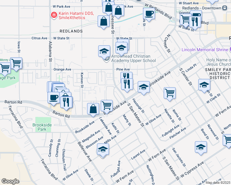 map of restaurants, bars, coffee shops, grocery stores, and more near 16 San Mateo in Redlands