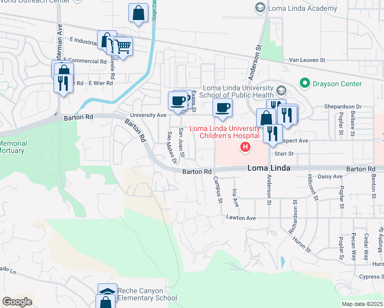 map of restaurants, bars, coffee shops, grocery stores, and more near 24635 Prospect Avenue in Loma Linda