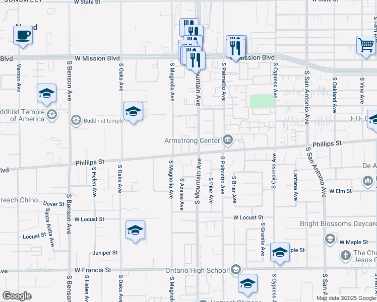 map of restaurants, bars, coffee shops, grocery stores, and more near 1102 West Phillips Street in Ontario