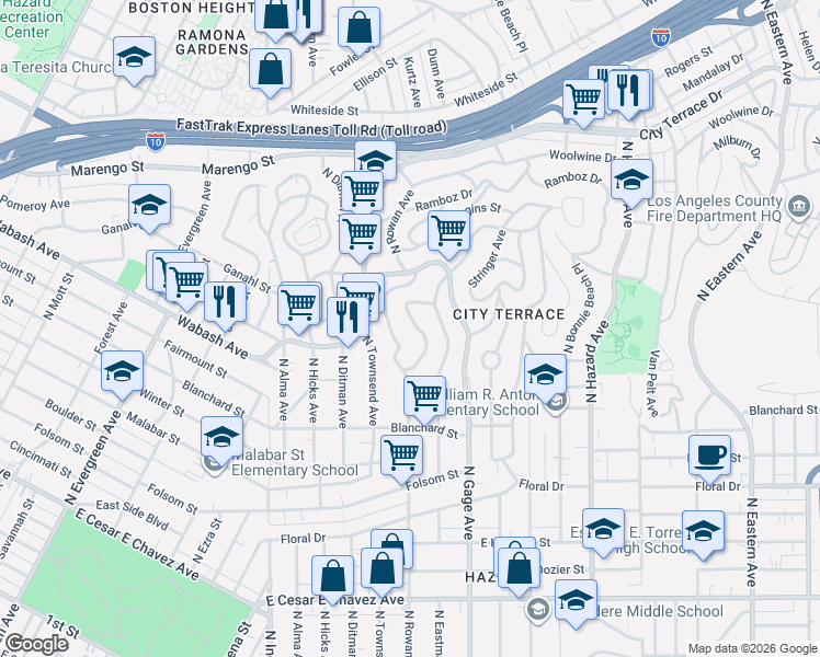 map of restaurants, bars, coffee shops, grocery stores, and more near 3621 Meisner Street in Los Angeles