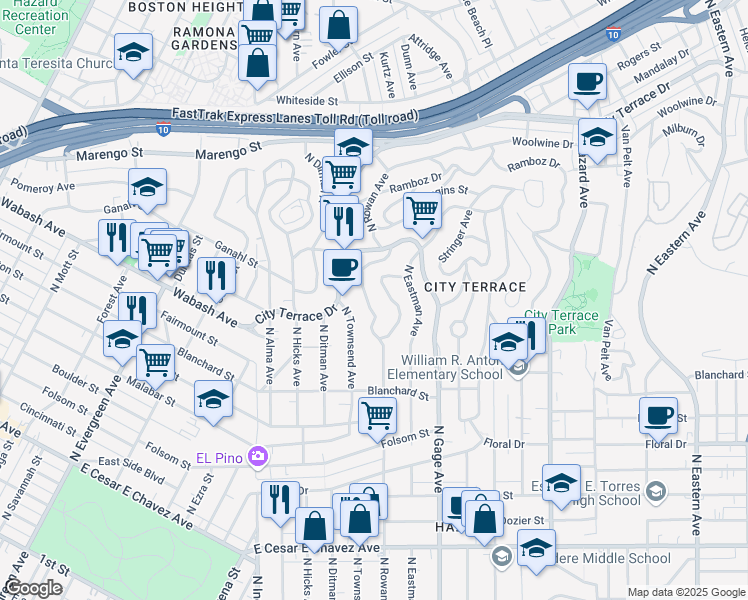map of restaurants, bars, coffee shops, grocery stores, and more near 1101 1/2 North Rowan Avenue in Los Angeles
