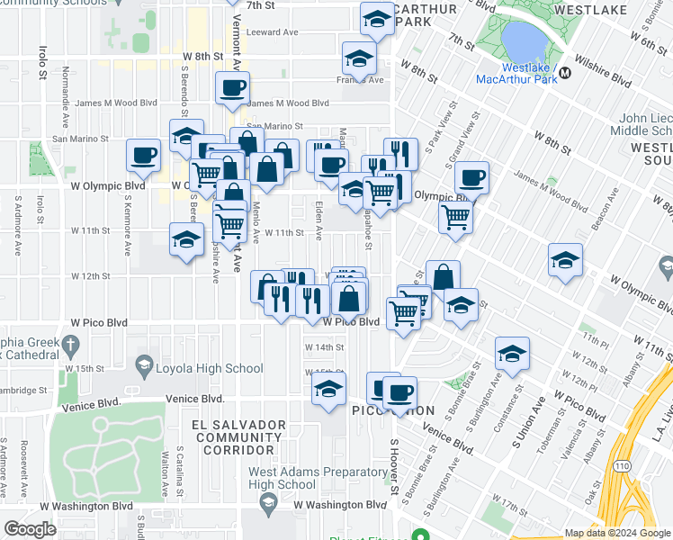 map of restaurants, bars, coffee shops, grocery stores, and more near 1125 Magnolia Avenue in Los Angeles