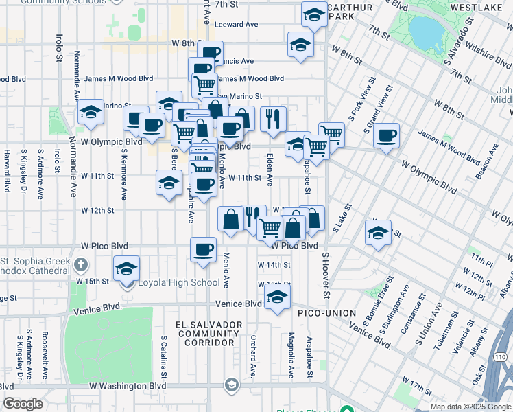 map of restaurants, bars, coffee shops, grocery stores, and more near 1126 South Westmoreland Avenue in Los Angeles