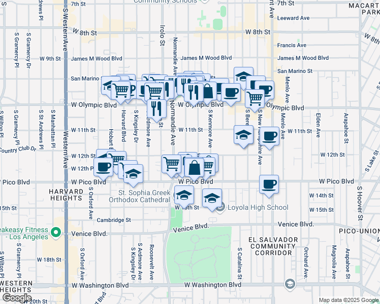 map of restaurants, bars, coffee shops, grocery stores, and more near 1129 South Mariposa Avenue in Los Angeles