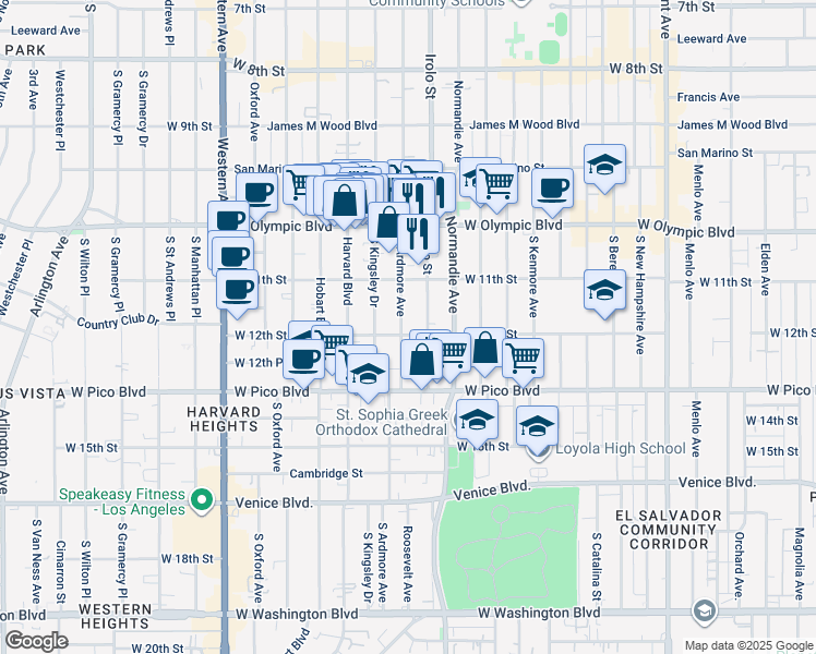 map of restaurants, bars, coffee shops, grocery stores, and more near 1128 South Ardmore Avenue in Los Angeles