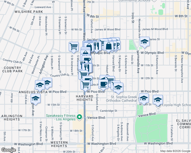 map of restaurants, bars, coffee shops, grocery stores, and more near 1125 South Serrano Avenue in Los Angeles