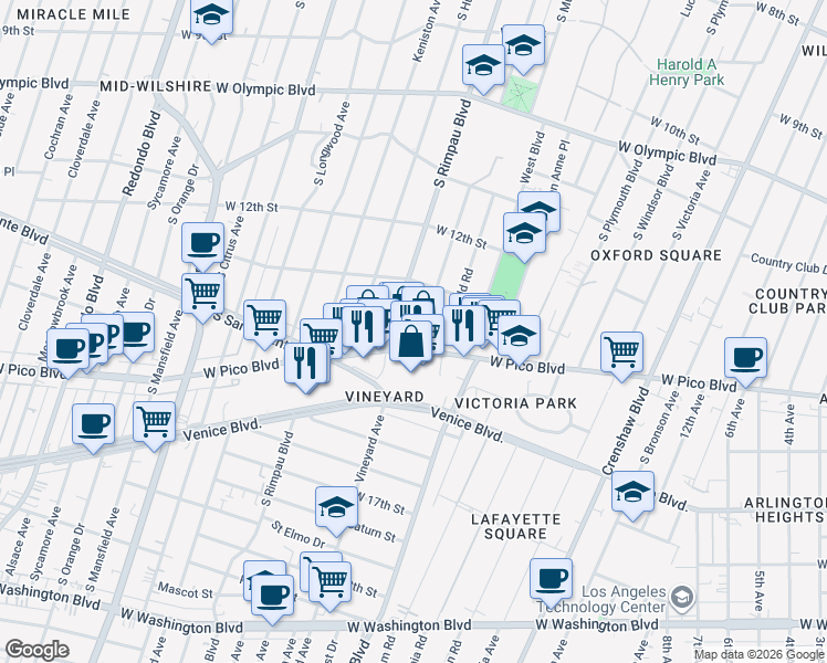 map of restaurants, bars, coffee shops, grocery stores, and more near 1333 South Rimpau Boulevard in Los Angeles