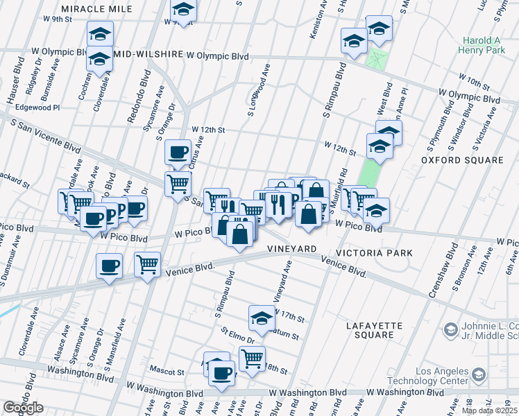 map of restaurants, bars, coffee shops, grocery stores, and more near 1343 Keniston Avenue in Los Angeles