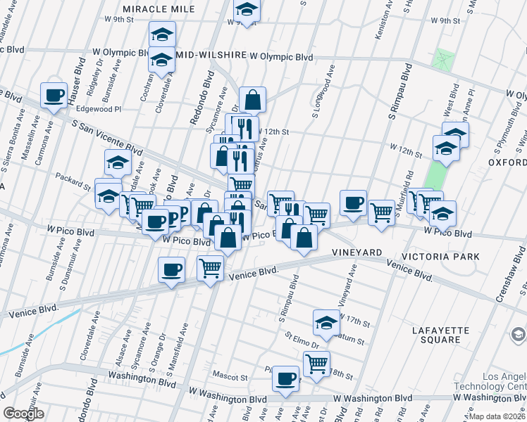 map of restaurants, bars, coffee shops, grocery stores, and more near 1294 South Highland Avenue in Los Angeles