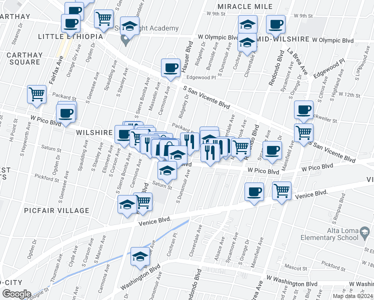 map of restaurants, bars, coffee shops, grocery stores, and more near 1326 South Ridgeley Drive in Los Angeles