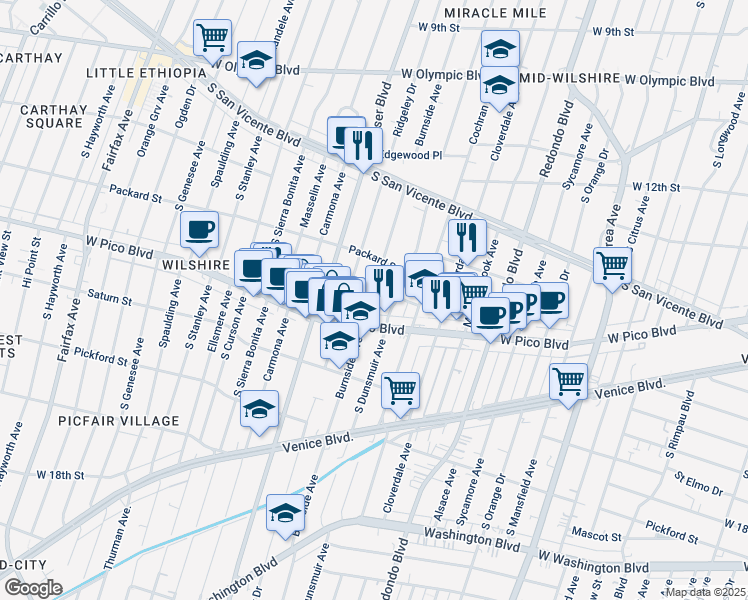 map of restaurants, bars, coffee shops, grocery stores, and more near 1326 South Ridgeley Drive in Los Angeles