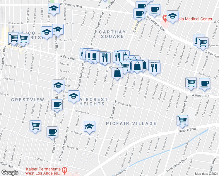 map of restaurants, bars, coffee shops, grocery stores, and more near 1455 South Hayworth Avenue in Los Angeles