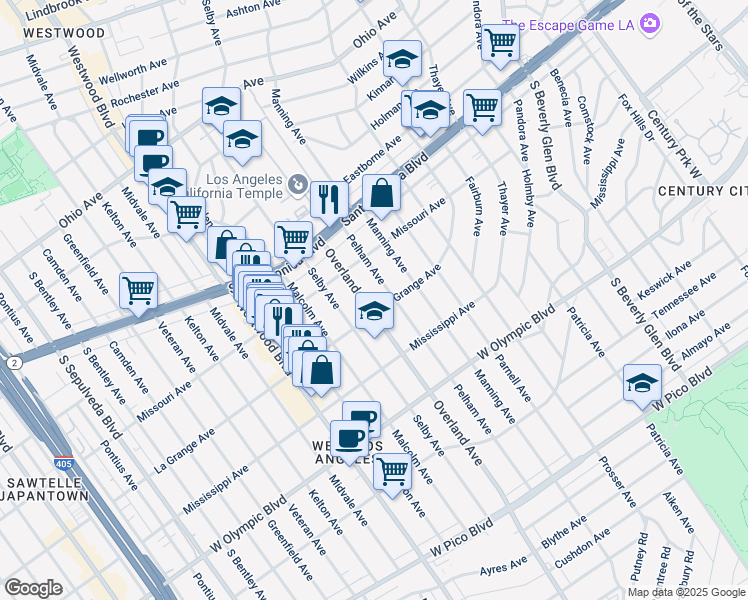 map of restaurants, bars, coffee shops, grocery stores, and more near 1920 Overland Avenue in Los Angeles