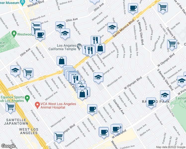 map of restaurants, bars, coffee shops, grocery stores, and more near 1920 Overland Avenue in Los Angeles