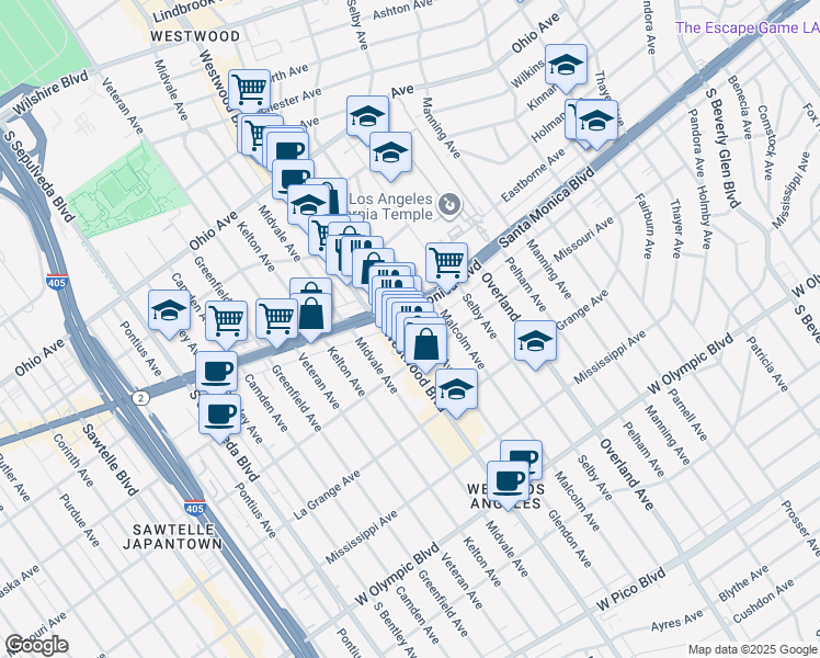 map of restaurants, bars, coffee shops, grocery stores, and more near 10854 Santa Monica Boulevard in Los Angeles