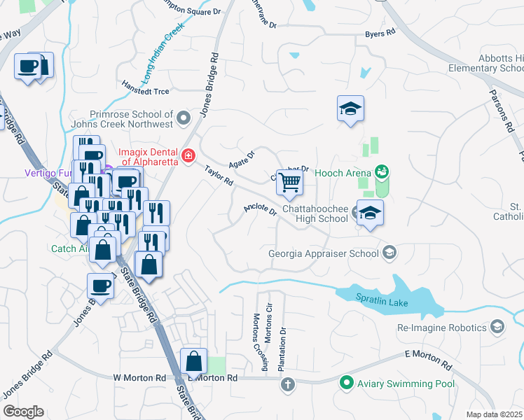 map of restaurants, bars, coffee shops, grocery stores, and more near 200 Boca Ciega Court in Alpharetta