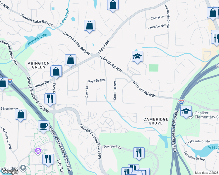 map of restaurants, bars, coffee shops, grocery stores, and more near 3983 Cripple Creek Drive in Kennesaw