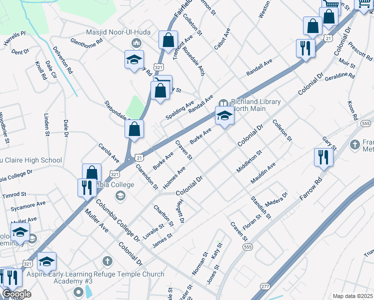 map of restaurants, bars, coffee shops, grocery stores, and more near 5102 North Main Street in Columbia