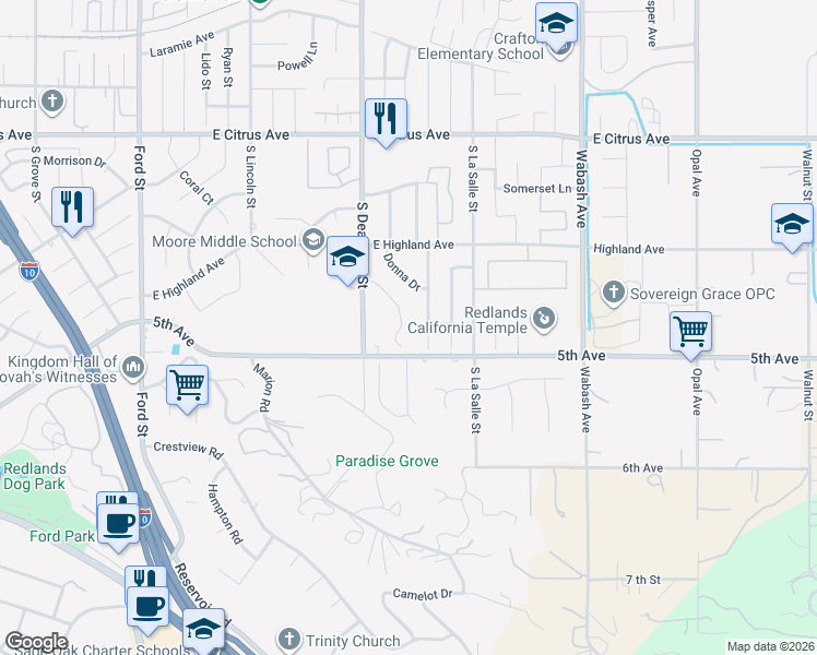map of restaurants, bars, coffee shops, grocery stores, and more near 313 Silvertree Lane in Redlands